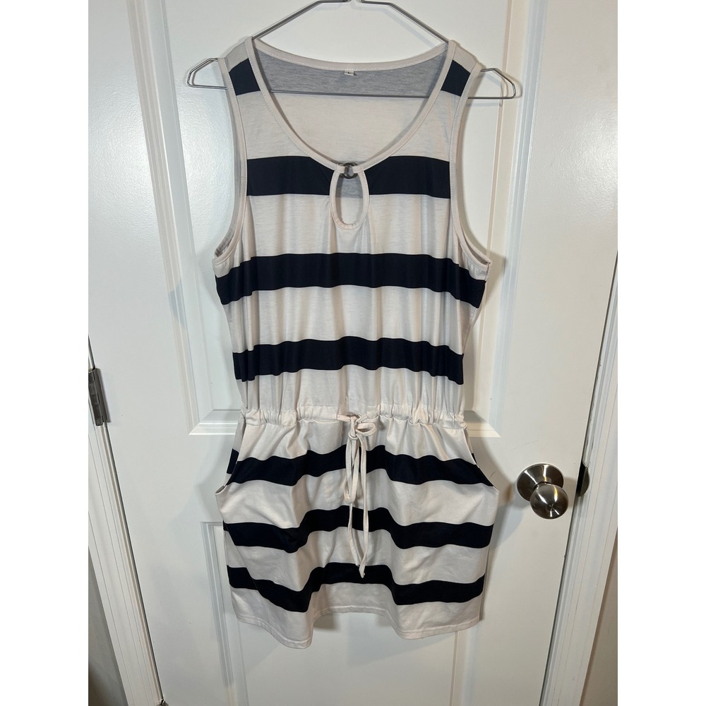 Unbranded Womens Dress Striped Drawstring Waist White Navy Size L